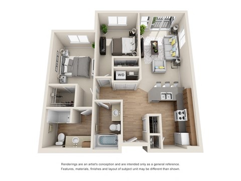Floor plan for 2 beds, 2 baths, 1030 sqft